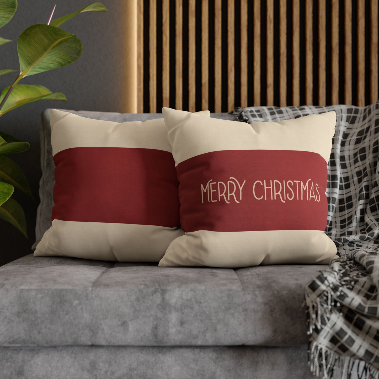 Merry Christmas Red & Cream Square Poly Canvas Pillowcase