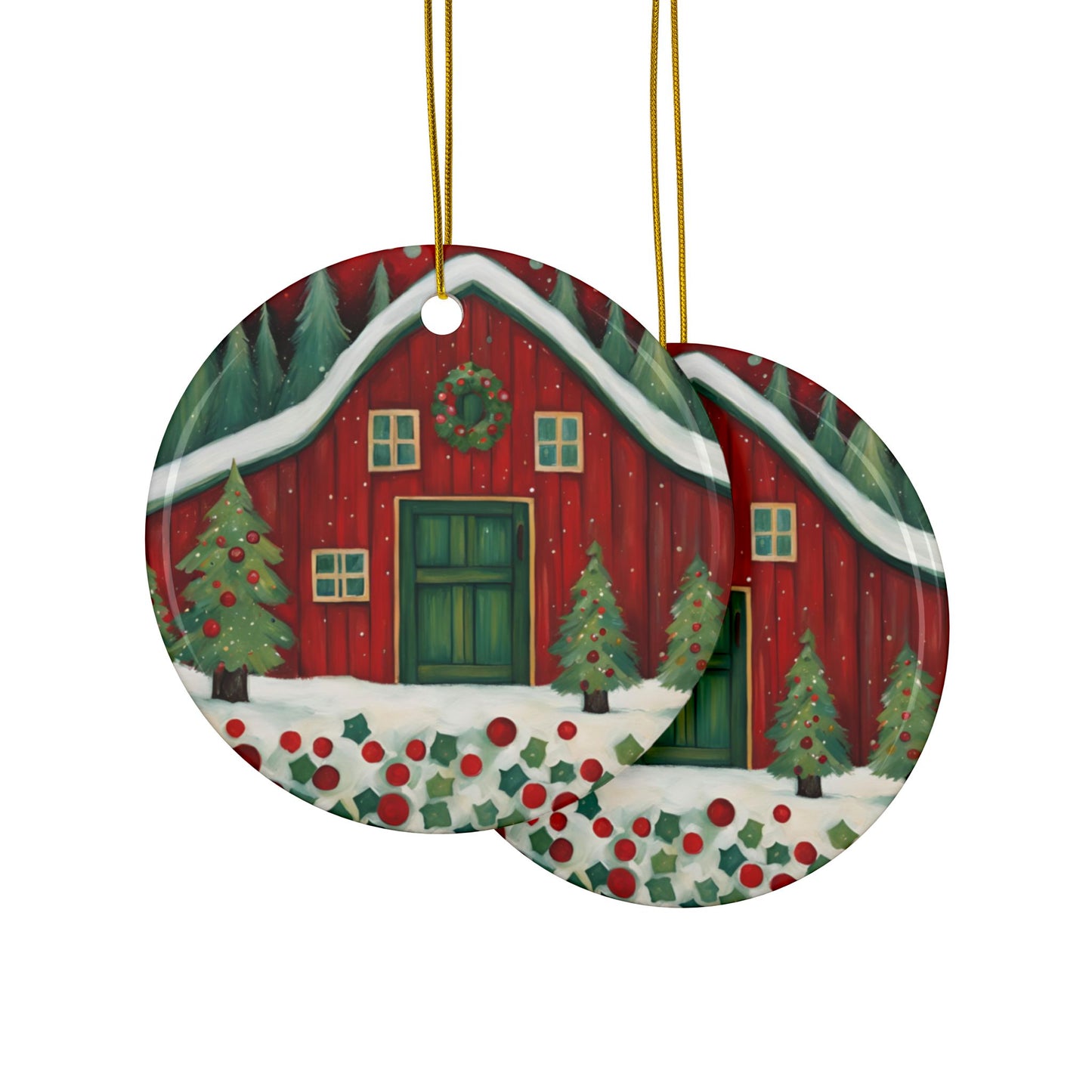 Red Barn Christmas 3" Ceramic Ornaments, 2-Side Print, (1pc, 10pcs)