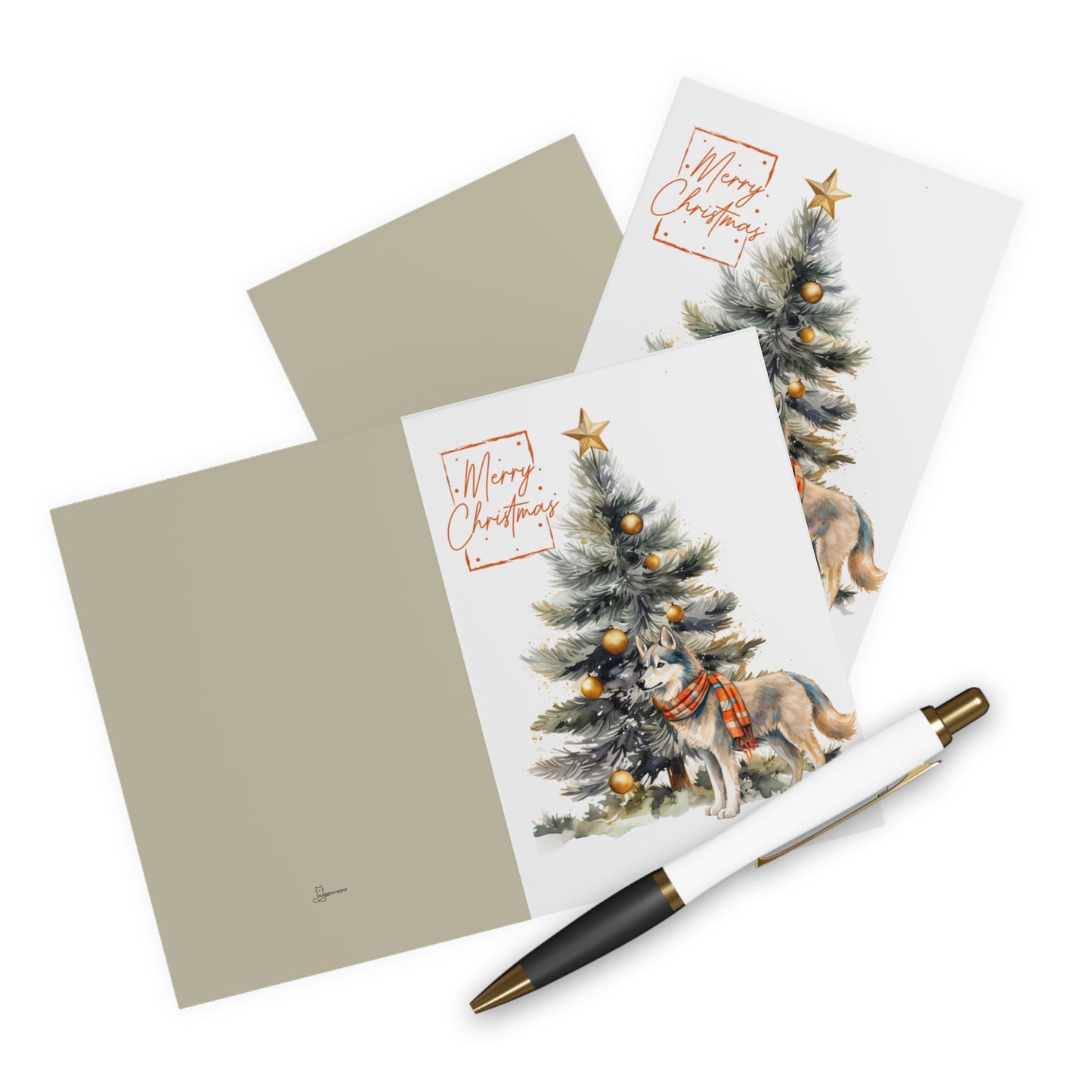 Siberian Husky Merry Christmas Tree Cards (5 Pack Blank Inside)