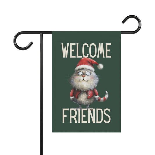 Crazy Cat in Santa Suit Welcome Friends 2-Sided Garden & House Flag/Banner