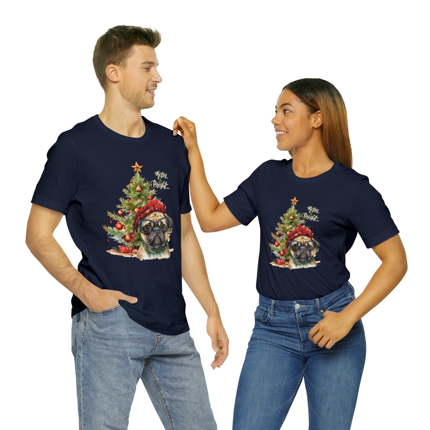 Merry & Bright Pug in Glasses Unisex Jersey Short Sleeve Tee