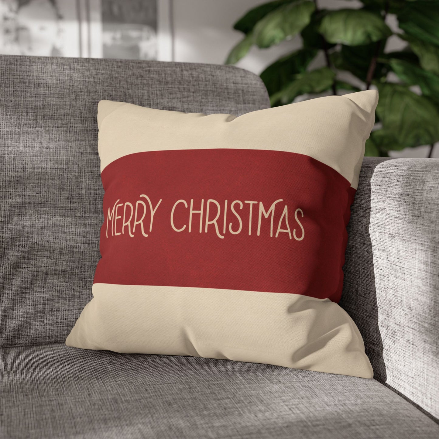 Merry Christmas Red & Cream Square Poly Canvas Pillowcase