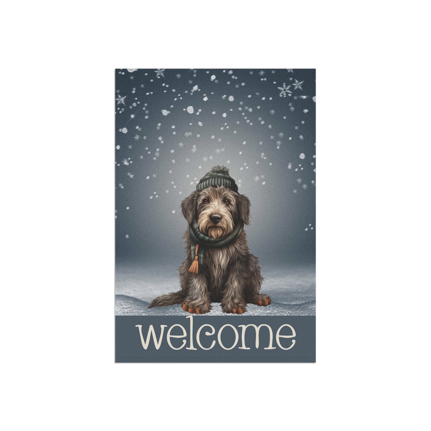 Snowy Welcome Irish Wolfhound in Scarf 2-Sided Garden & House Flag/Banner