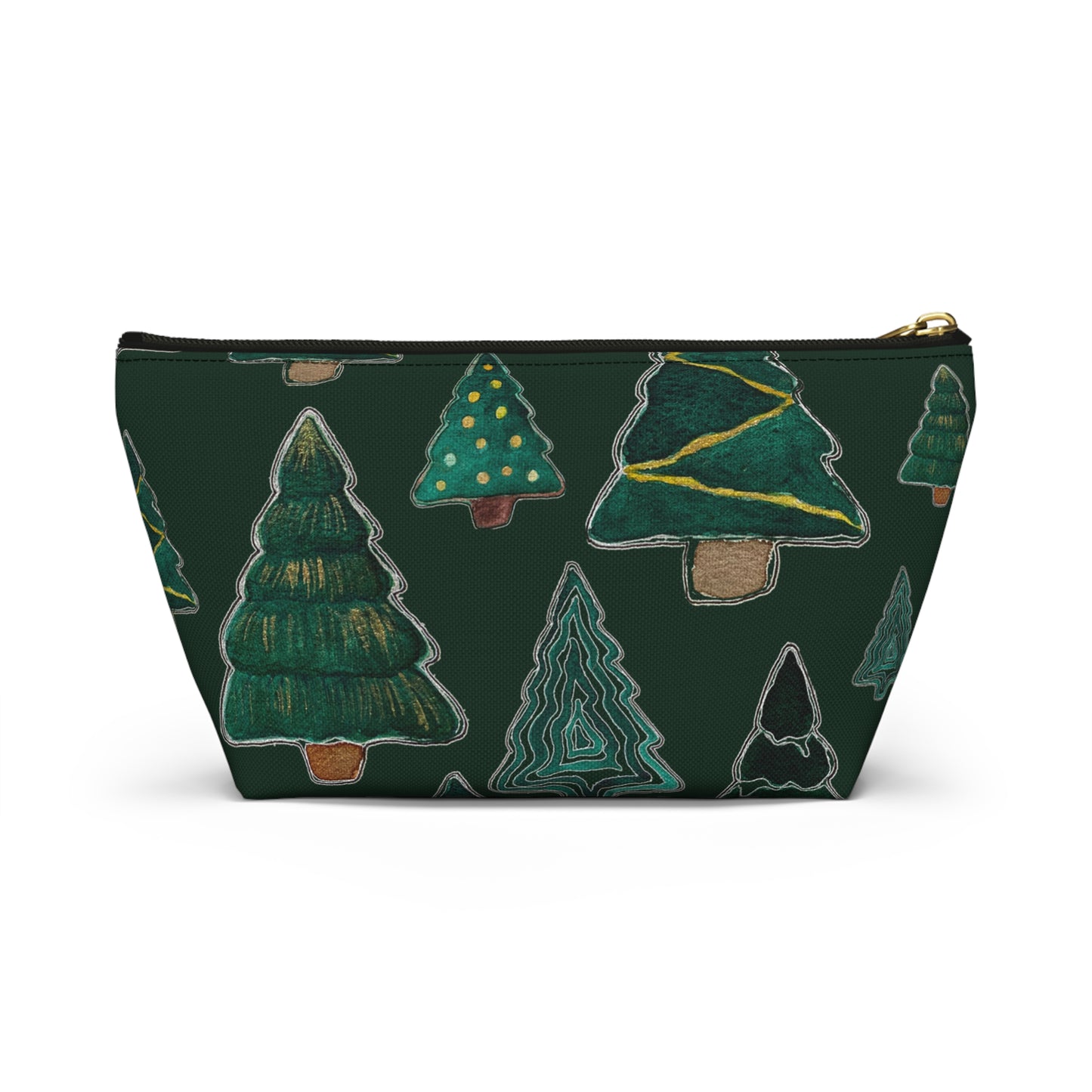 Christmas Tree Cutouts on Green Accessory Pouch w T-bottom