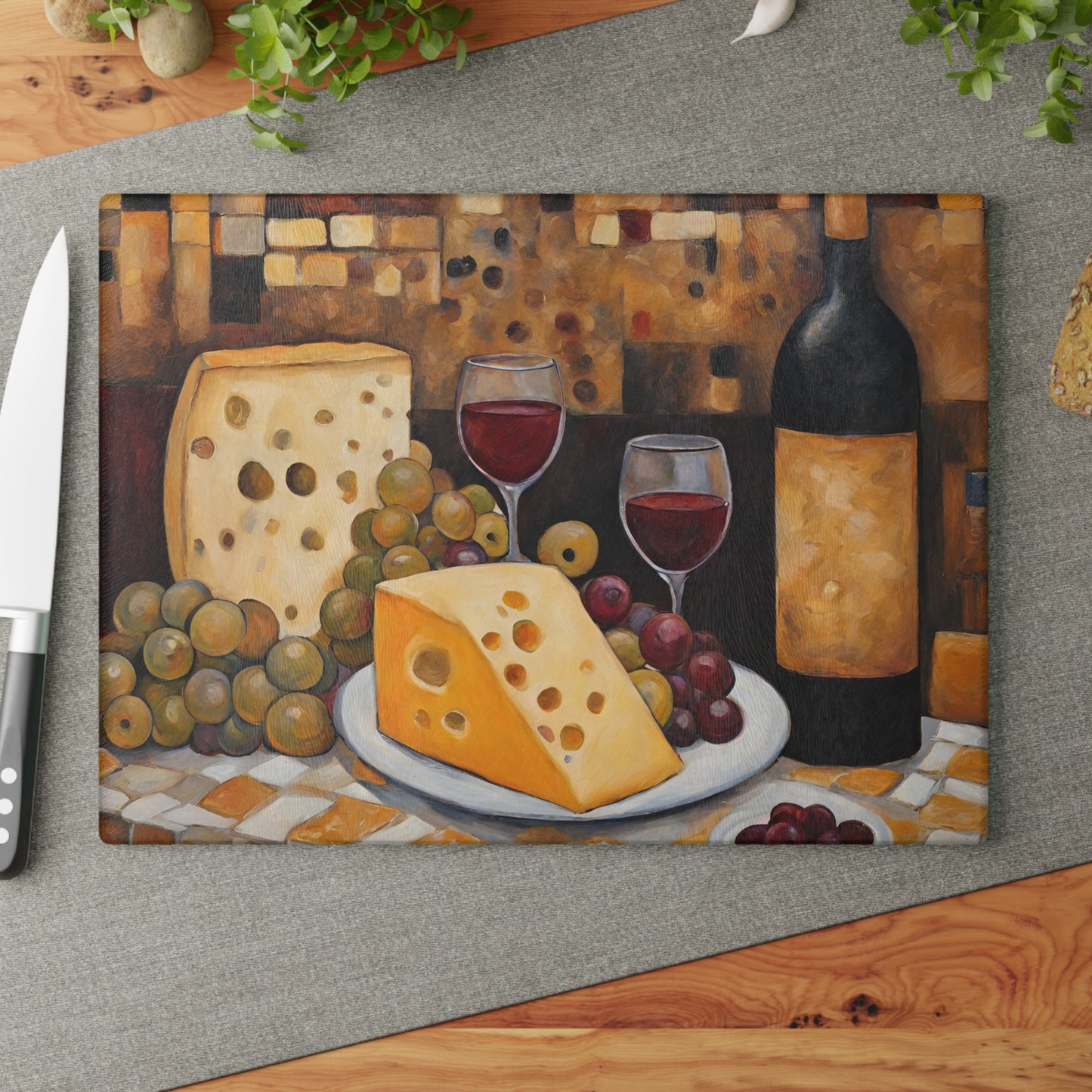 Unwind Wine, Cheese and Grapes Tempered Glass Cutting Board