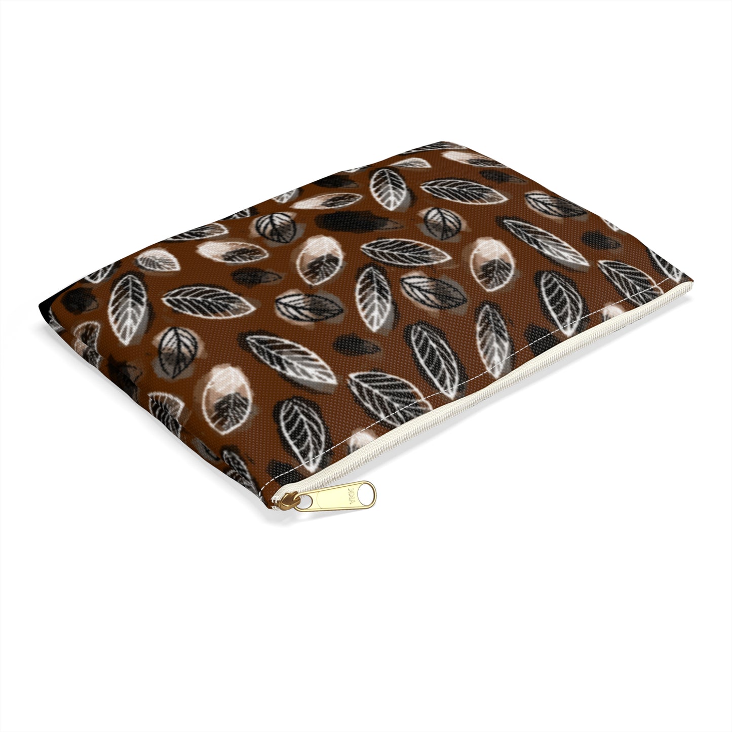 Gertie Black & Cream Abstract Leaves on Brown Journal Pencil  Zipper Flat Bottom Accessory Pouch