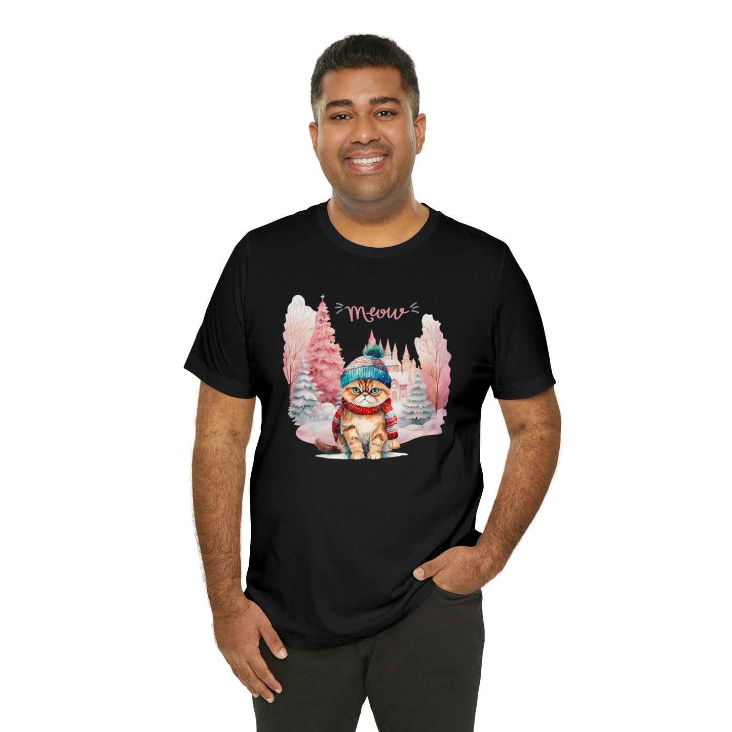 "Meow" Cat in Hat & Scarf Unisex Jersey Short Sleeve Tee