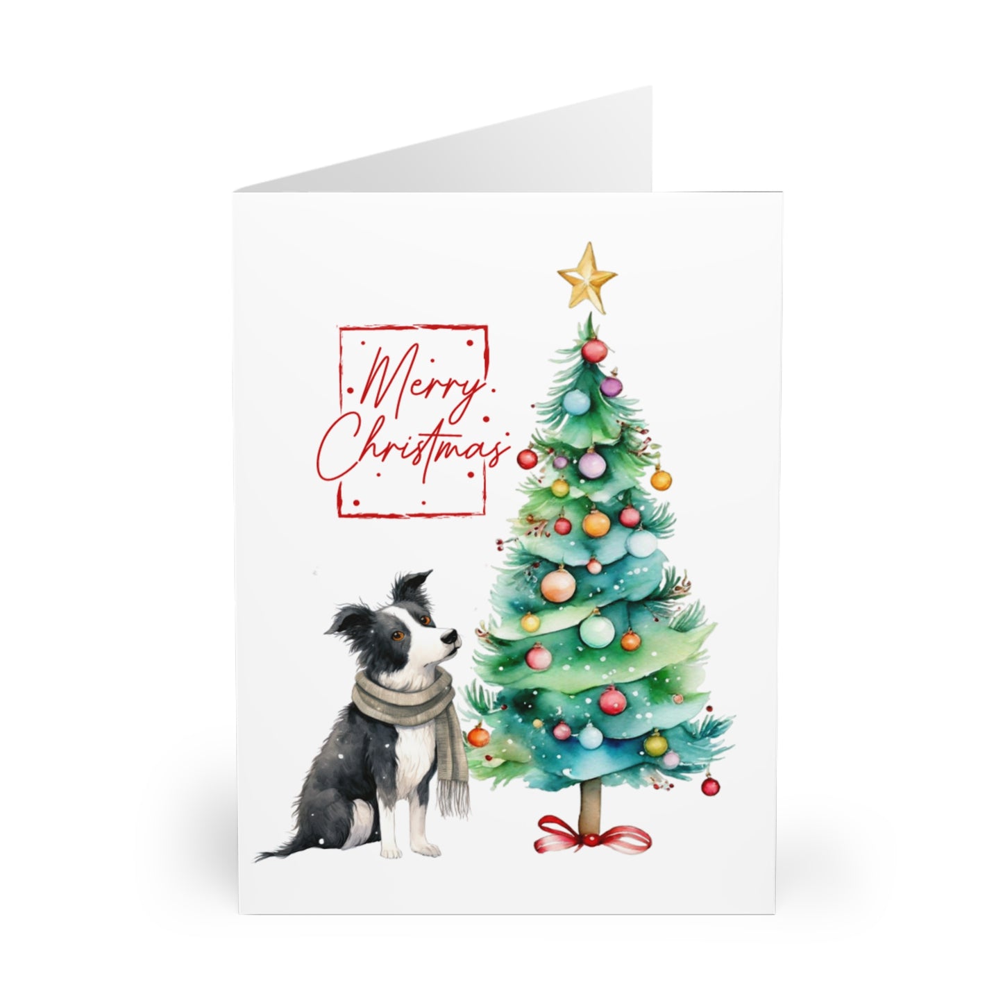 Border Collie Merry Christmas Tree Cards (5 Pack Blank Inside)