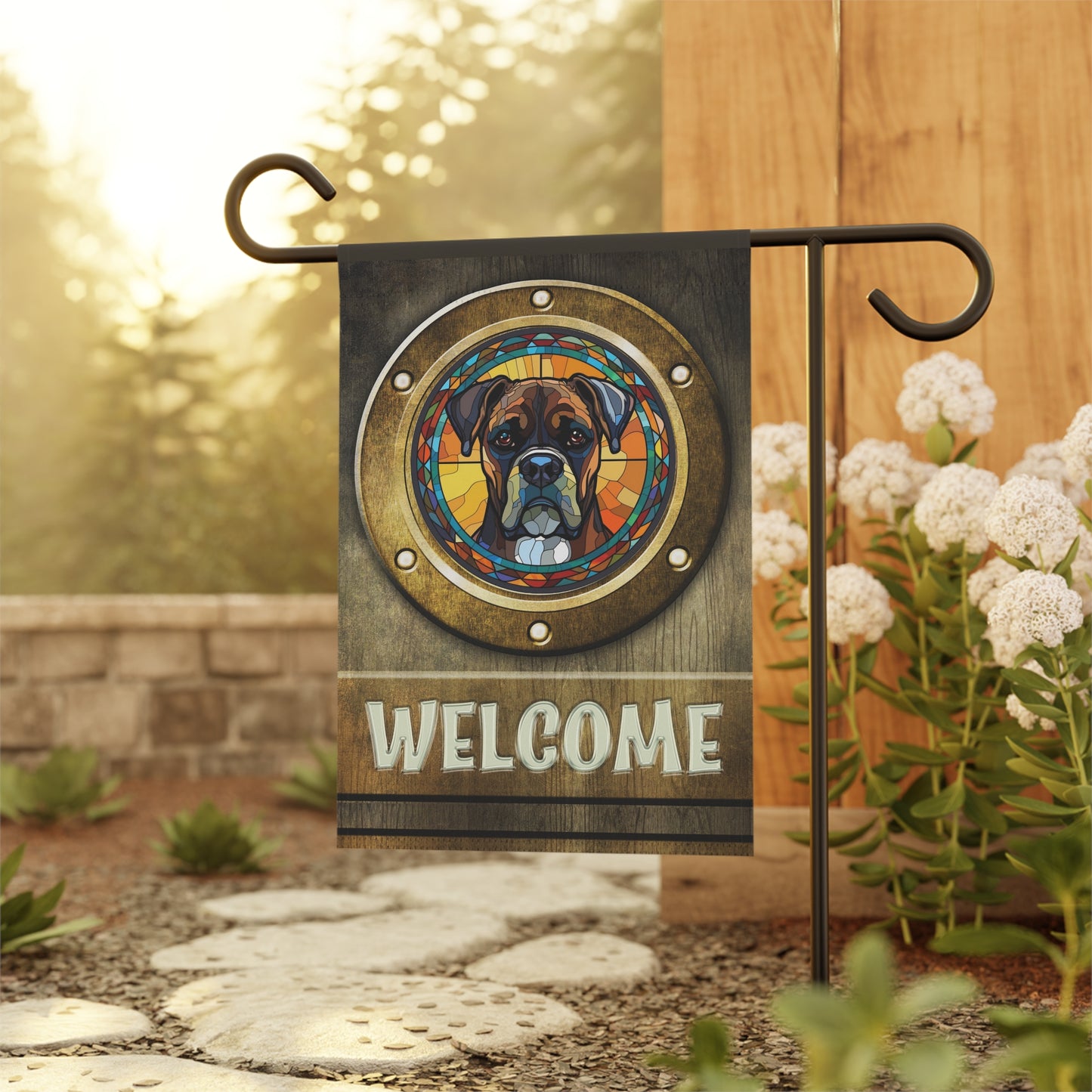 Boxer In Port Hole Welcome 2-Sided Garden & House Flag/Banner