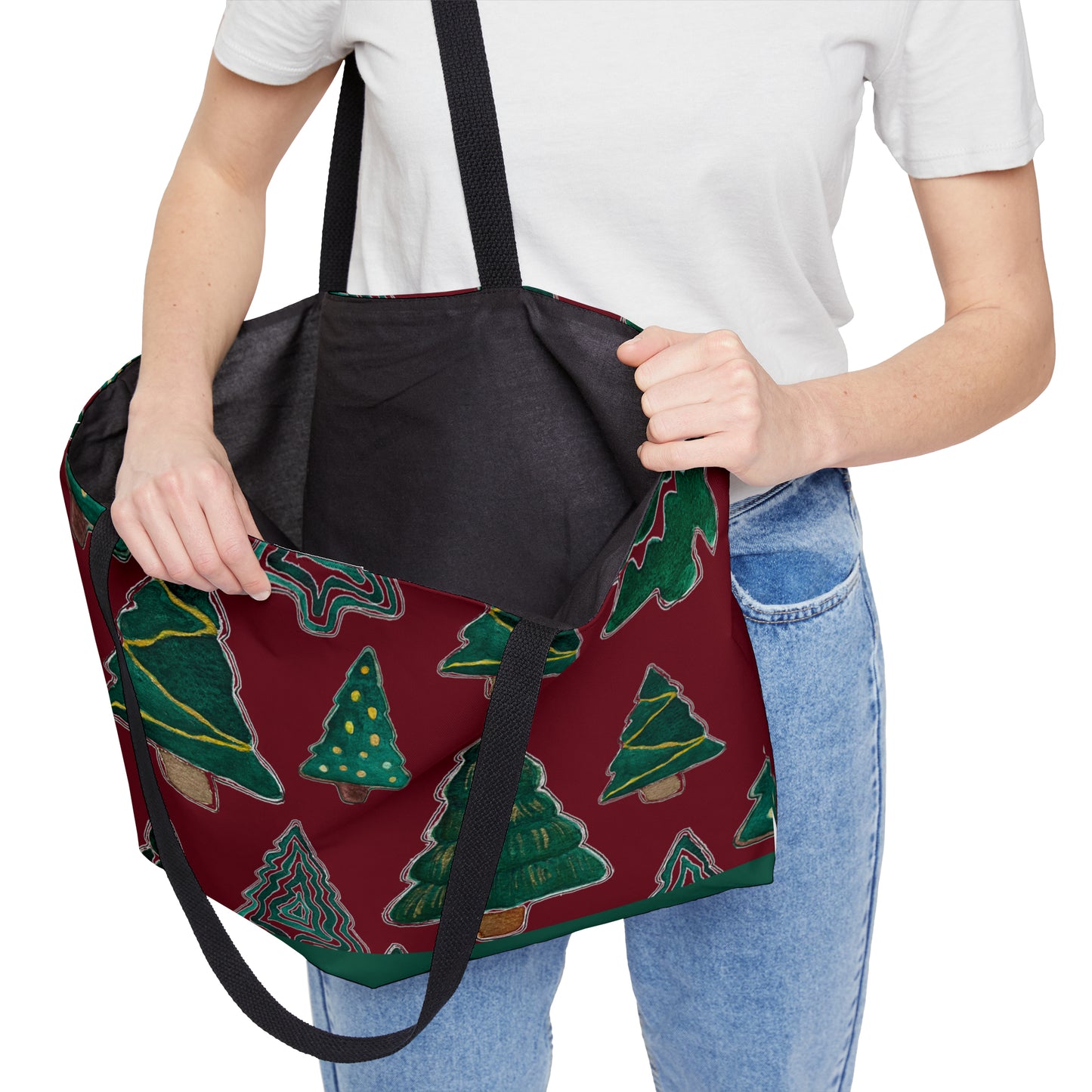 Christmas Tree Cutouts on Maroon Weekender Tote Bag