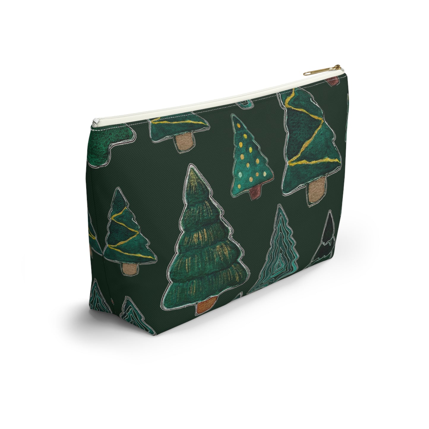 Christmas Tree Cutouts on Green Accessory Pouch w T-bottom