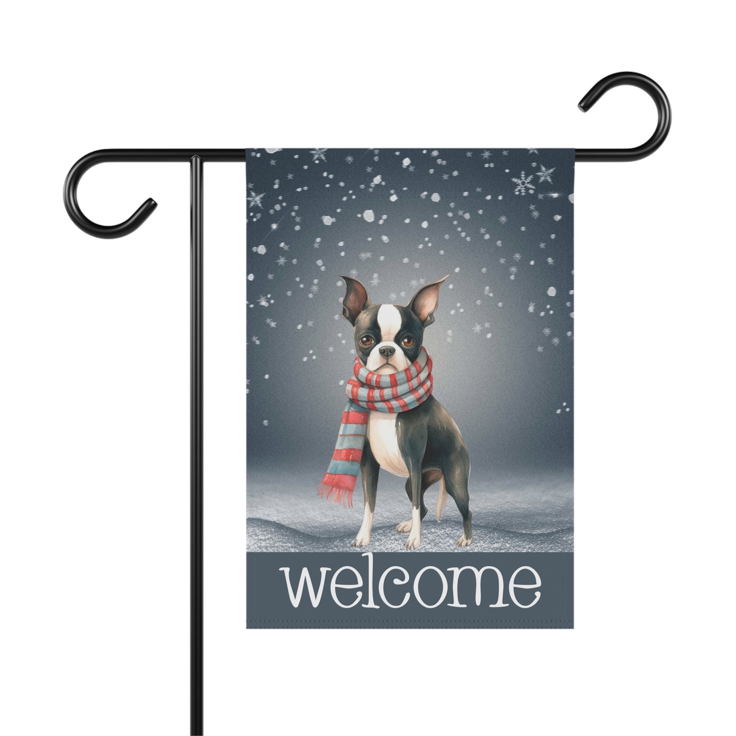 Snowy Welcome Boston Terrier in Scarf 2-Sided Garden & House Flag/Banner