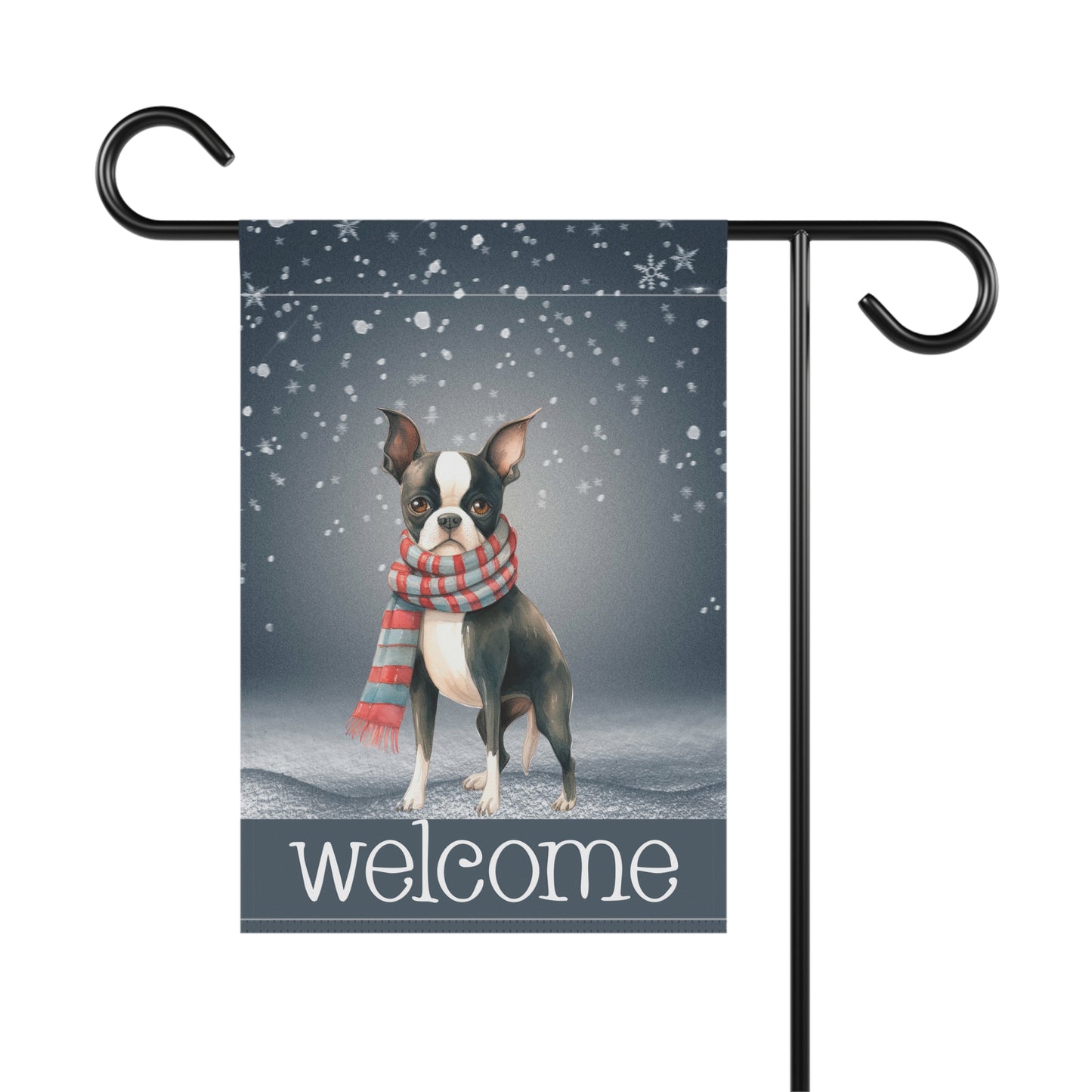 Snowy Welcome Boston Terrier in Scarf 2-Sided Garden & House Flag/Banner