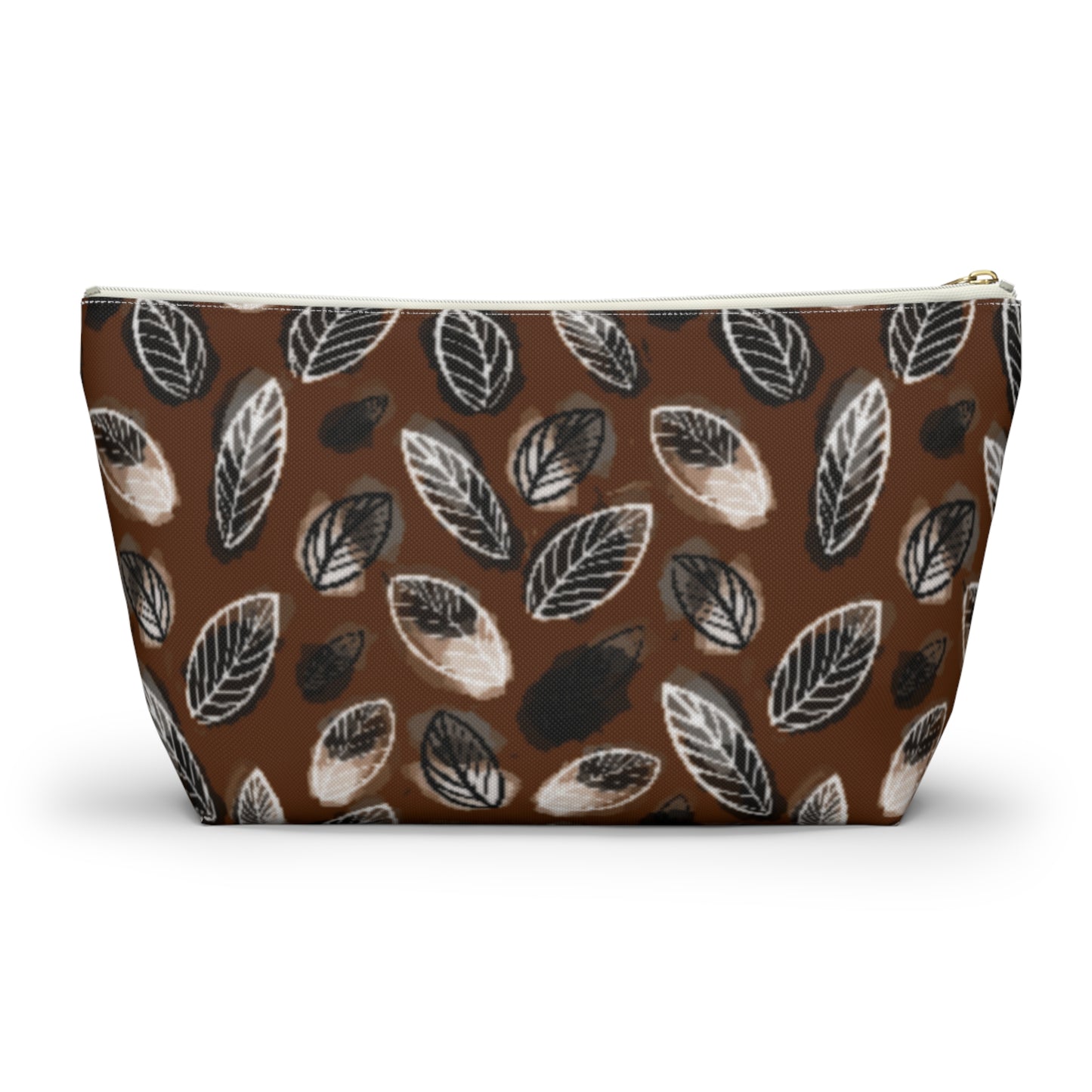 Gertie Black & Cream Abstract Leaves on Brown Makeup Zipper Accessory Pouch w T-bottom