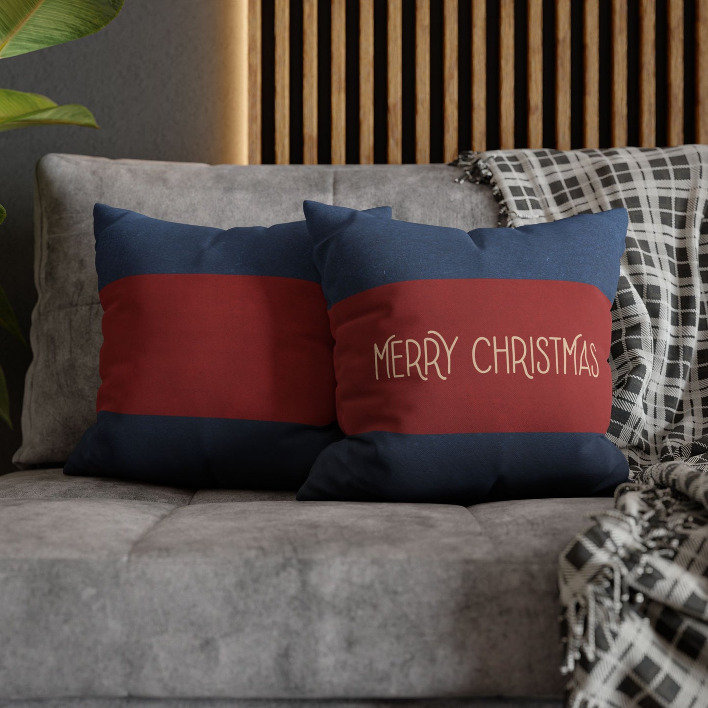 Merry Christmas Red & Navy Square Poly Canvas Pillowcase