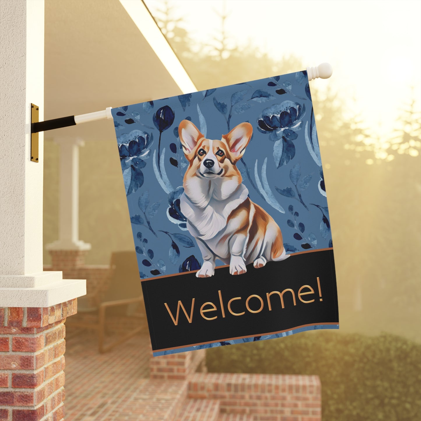 Corgi on Blue Welcome 2-Sided Garden & House Flag/Banner