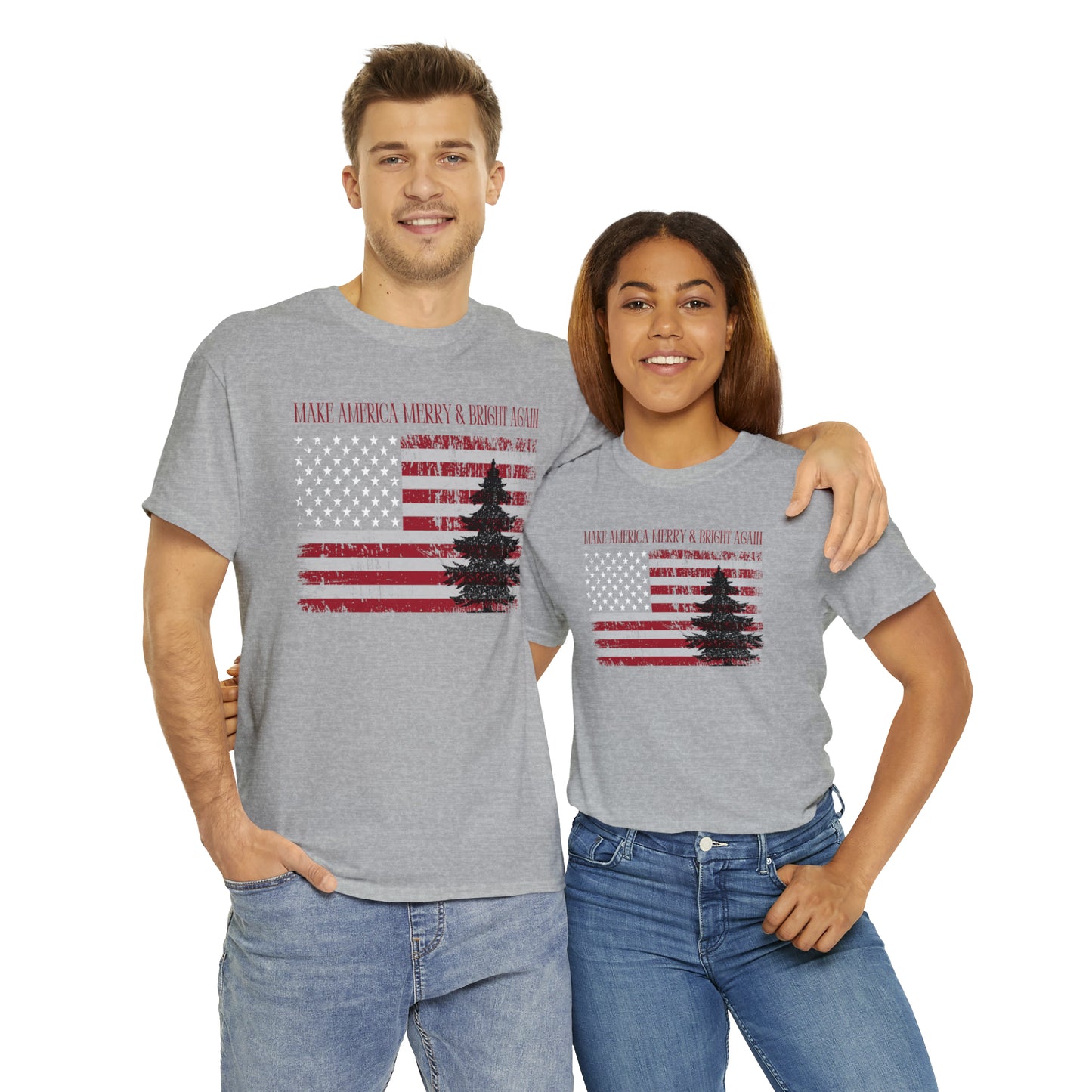 American Flag Make America Merry & Bright Again Unisex Heavy Cotton Tee