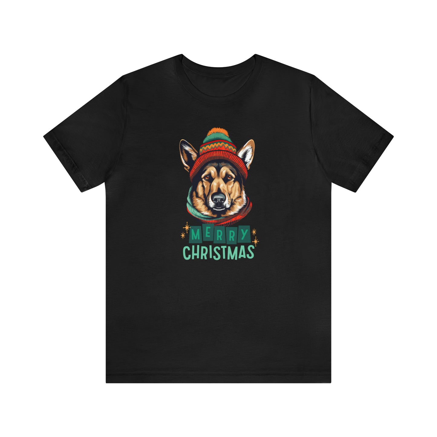 German Shepherd in Hat & Scarf Merry Christmas Unisex Jersey Short Sleeve Tee