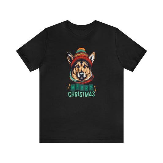 German Shepherd in Hat & Scarf Merry Christmas Unisex Jersey Short Sleeve Tee