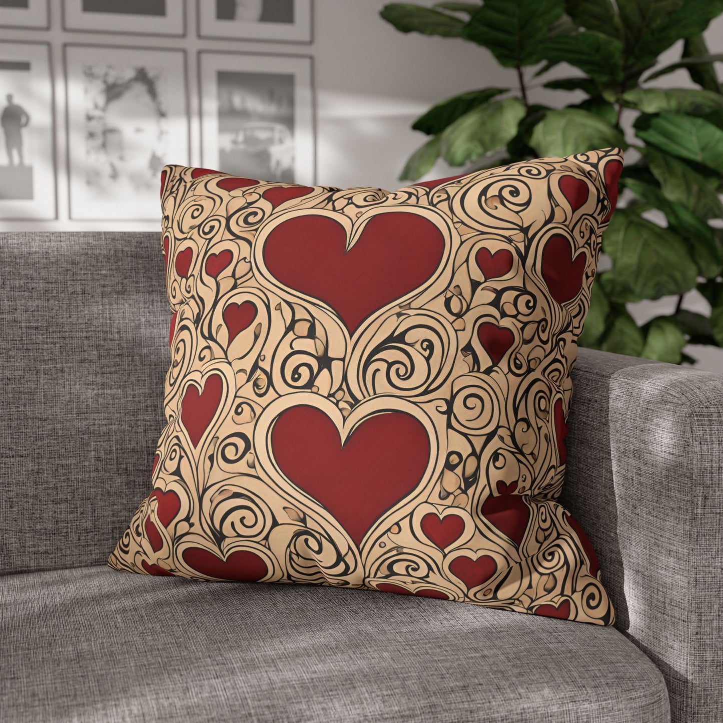 Hearts on Khaki Square Poly Canvas Pillowcase