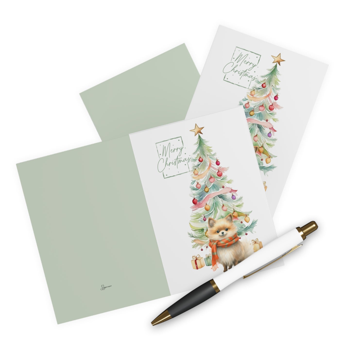 Pomeranian Merry Christmas Tree Cards (5 Pack Blank Inside)