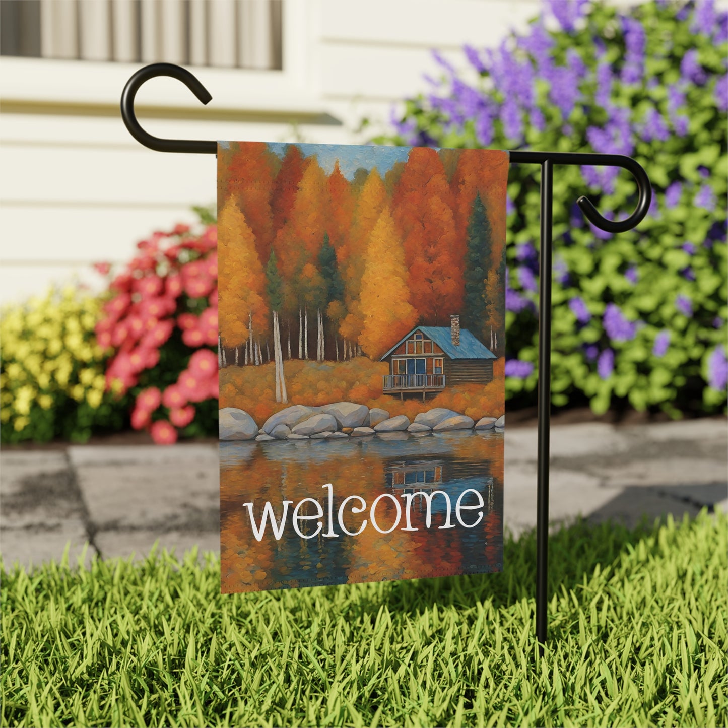 Lakeside Cabin in Fall Welcome 2-Sided Garden & House Flag/Banner