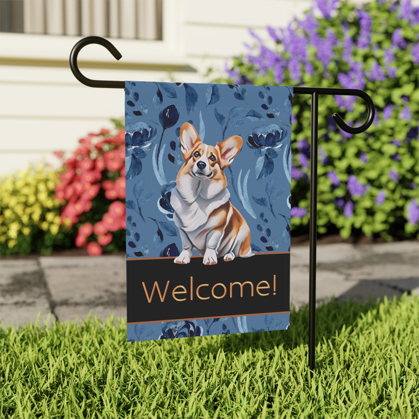 Corgi on Blue Welcome 2-Sided Garden & House Flag/Banner