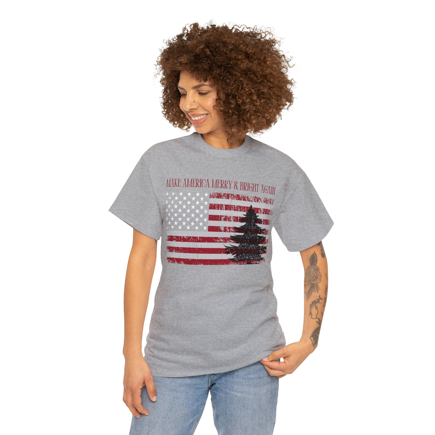 American Flag Make America Merry & Bright Again Unisex Heavy Cotton Tee