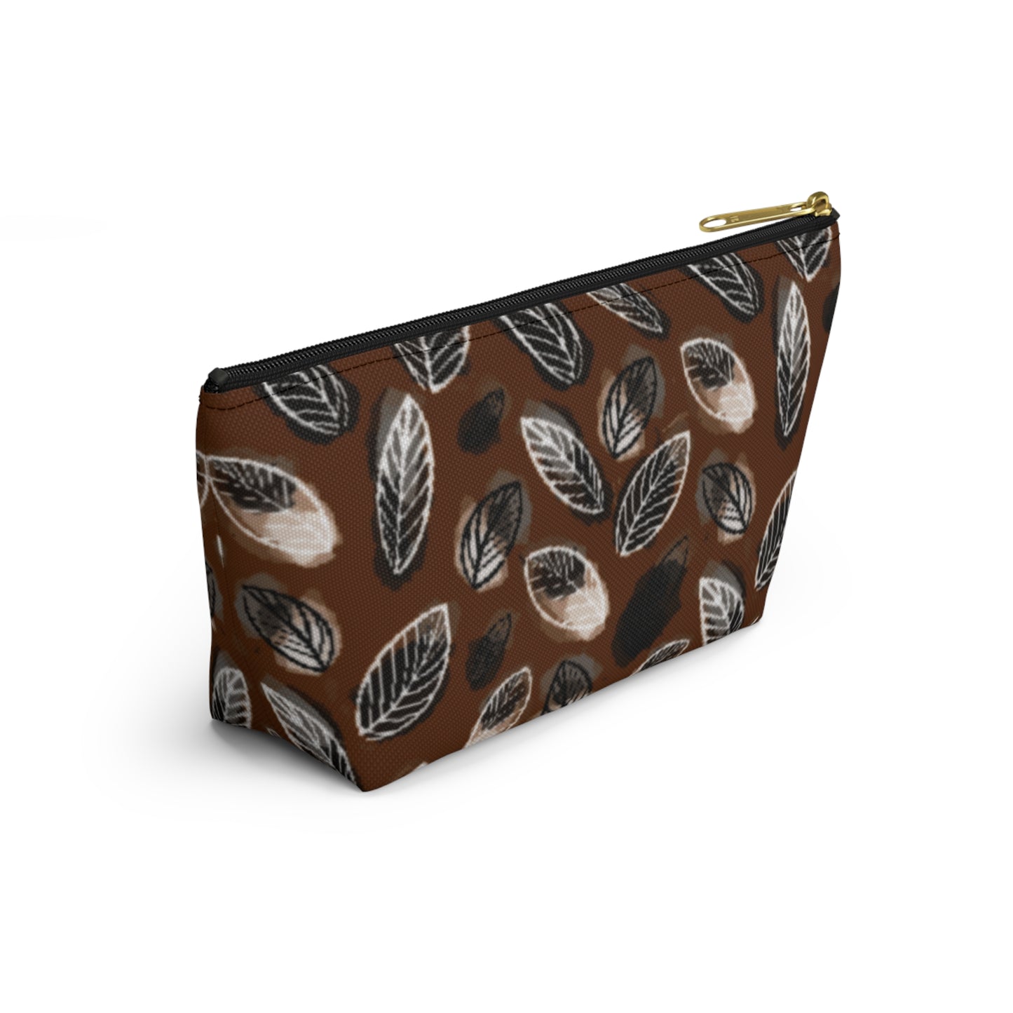 Gertie Black & Cream Abstract Leaves on Brown Makeup Zipper Accessory Pouch w T-bottom