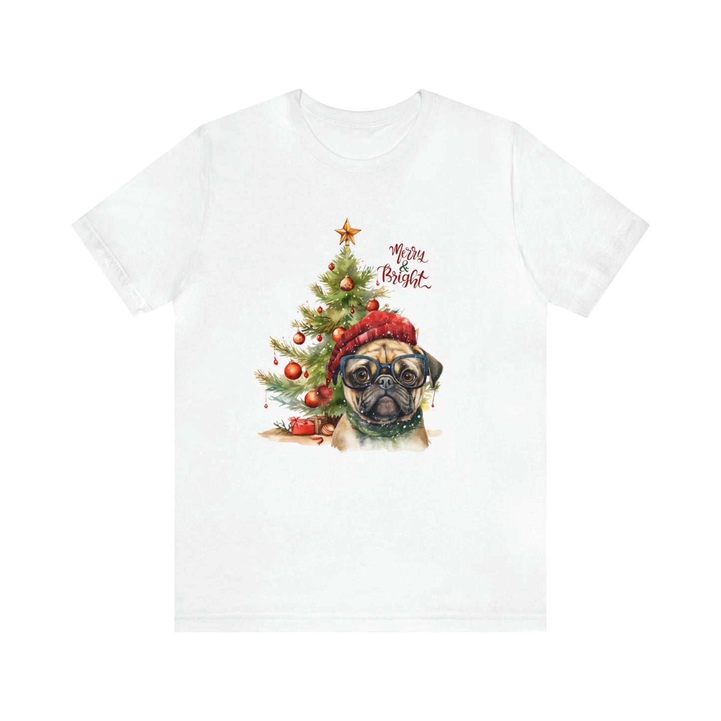 Merry & Bright Pug in Glasses Unisex Jersey Short Sleeve Tee