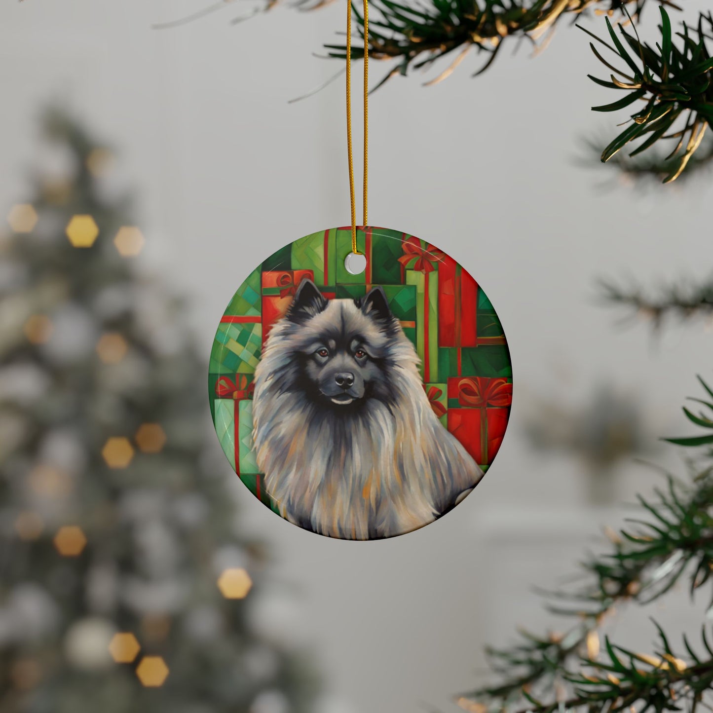 Keeshond Christmas 3" Ceramic Ornaments, 2-Side Print, (1pc, 10pcs)