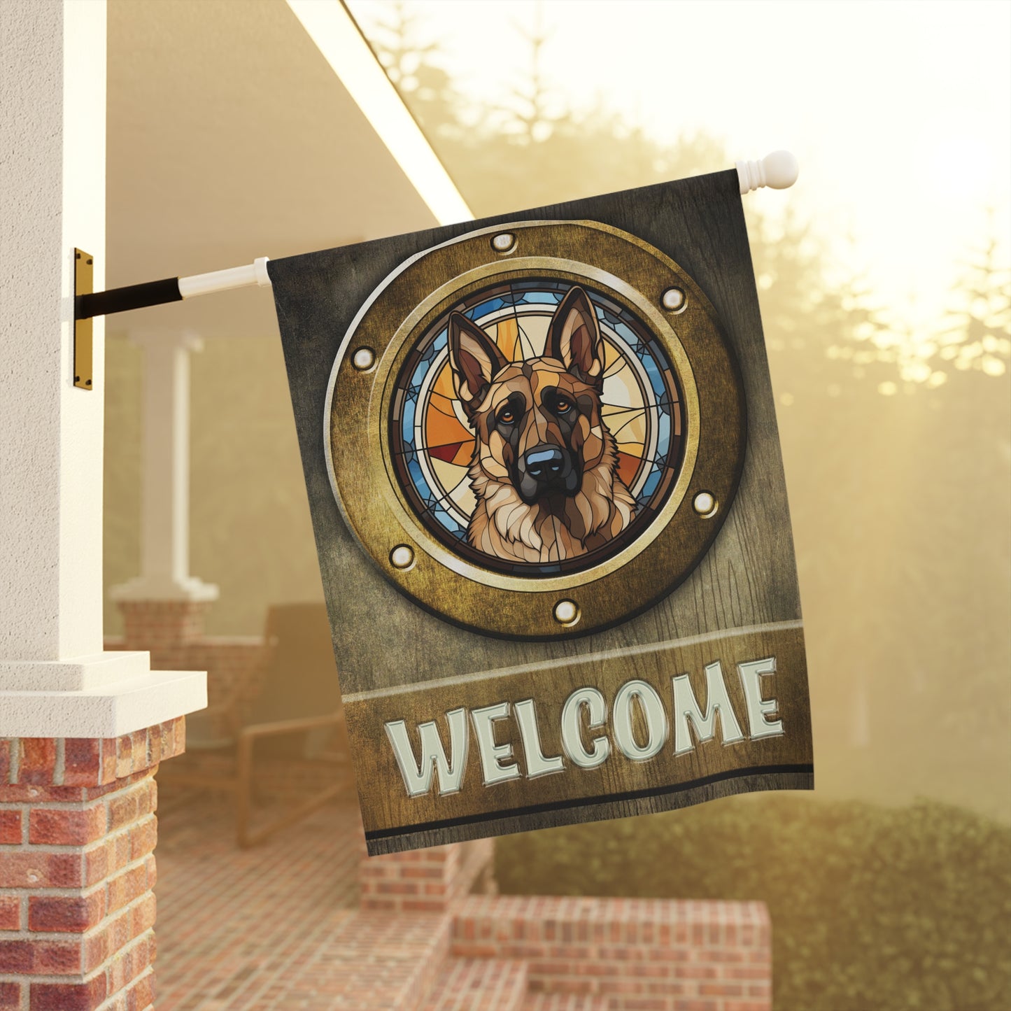 German Shepherd in Port Hole Welcome 2-Sided Garden & House Flag/Banner