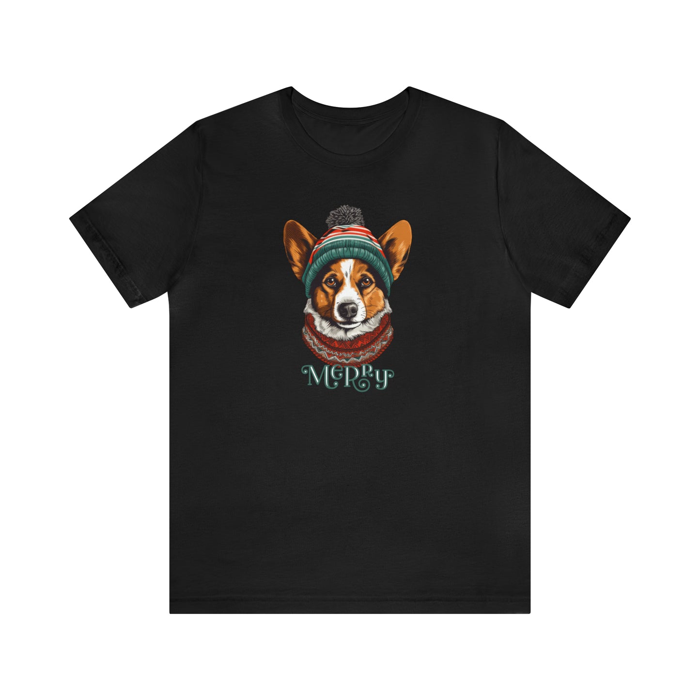 Merry Corgi in Hat & Scarf Unisex Jersey Short Sleeve Tee