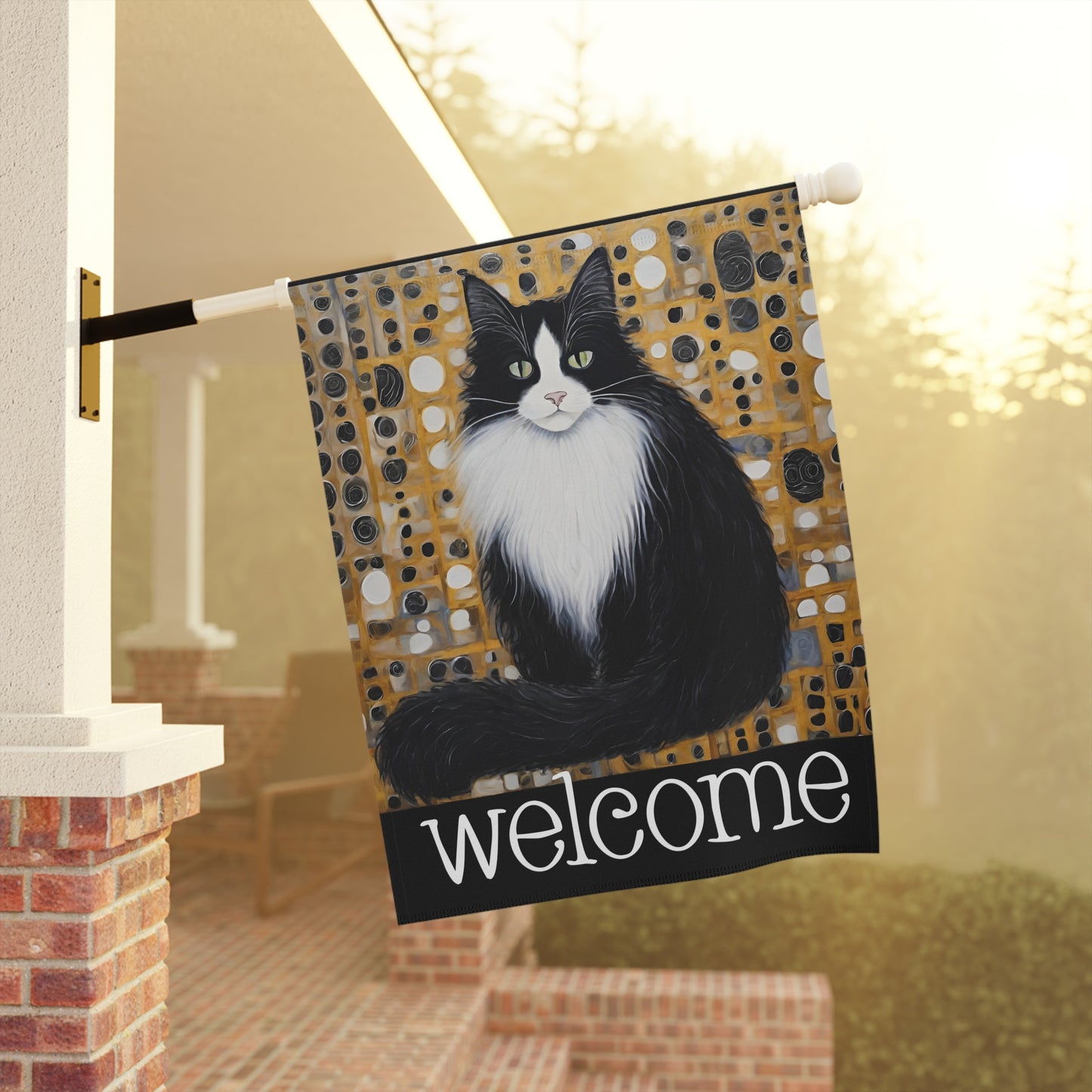 Eugene Black & White Cat Welcome 2-Sided Garden & House Flag/Banner