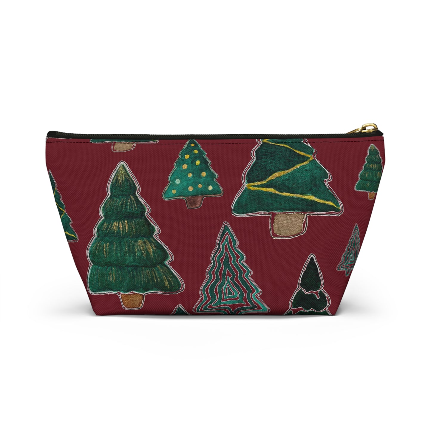 Christmas Tree Cutouts on Maroon Accessory Pouch w T-bottom