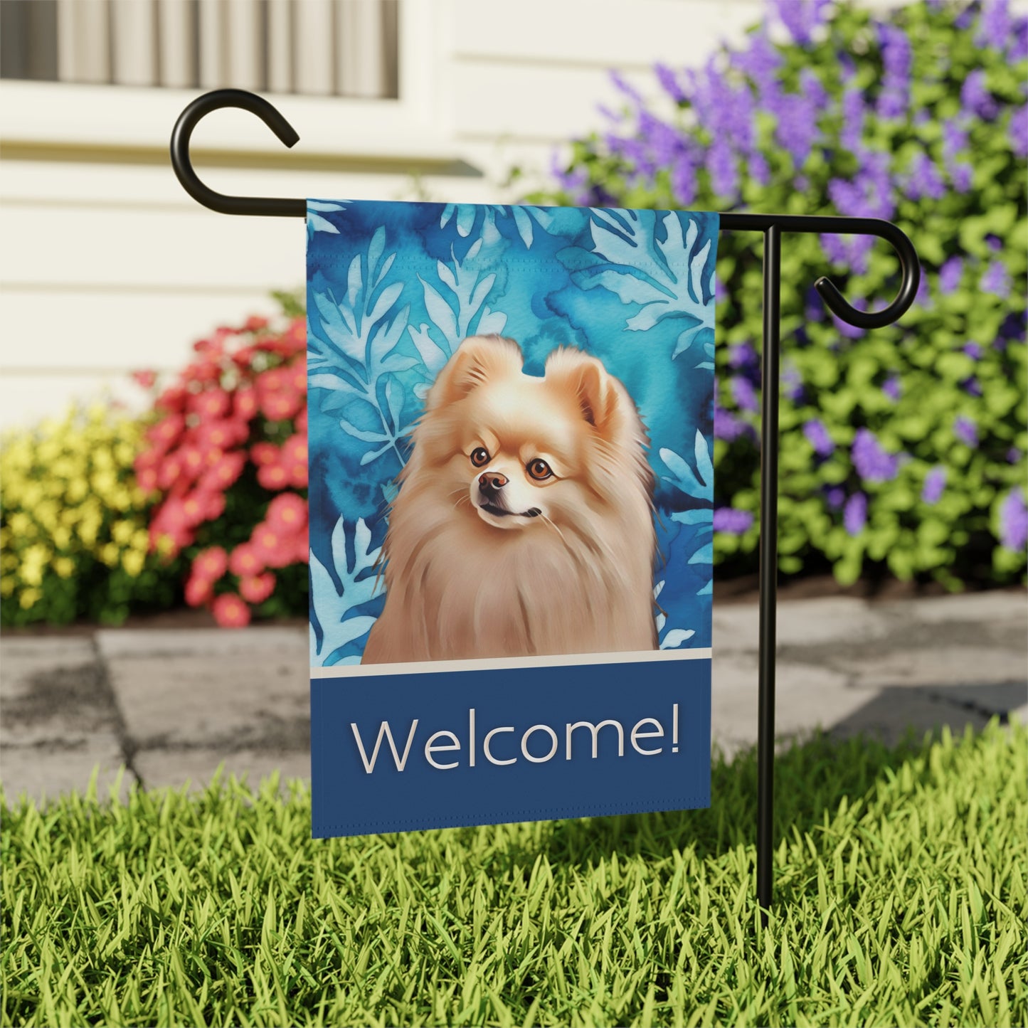 Pomeranian Welcome Blue 2-Sided Garden & House Flag/Banner