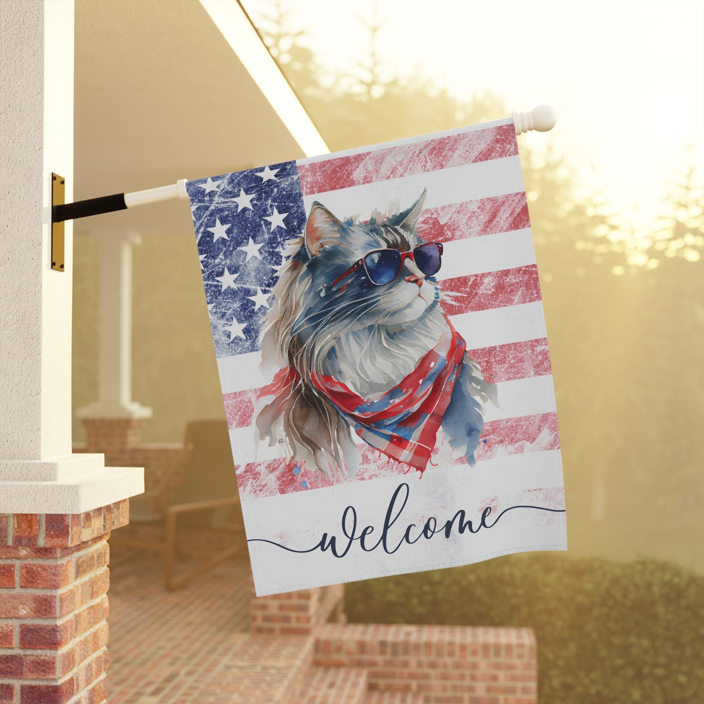 Patriotic Cat in Glasses Welcome 2-Sided Garden & House Flag/Banner