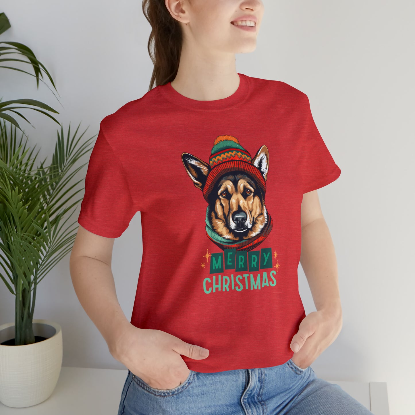 German Shepherd in Hat & Scarf Merry Christmas Unisex Jersey Short Sleeve Tee