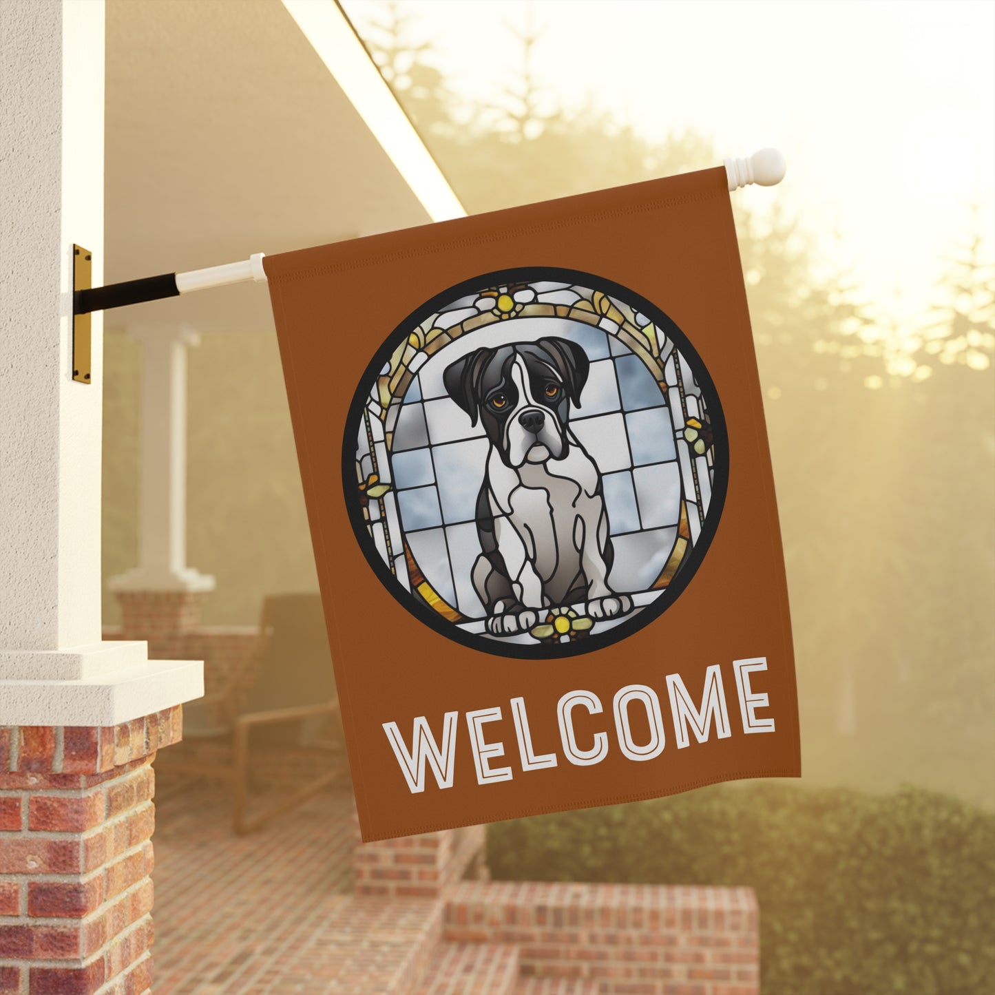 Black & White Boxer Sitting Welcome Stained Glass Look 2-Sided Garden & House Flag/Banner