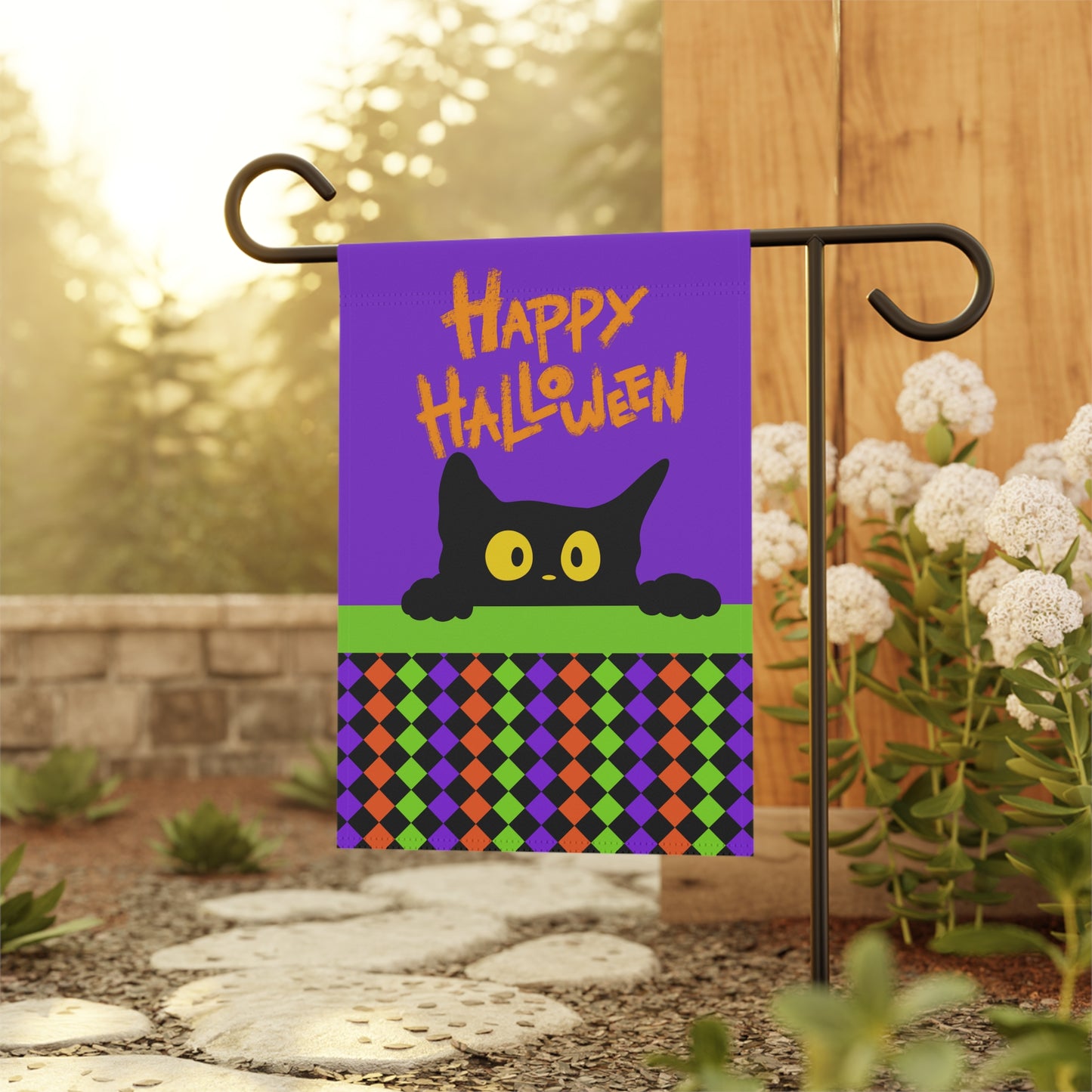 Black Cat Happy Halloween 2-Sided Garden Banner