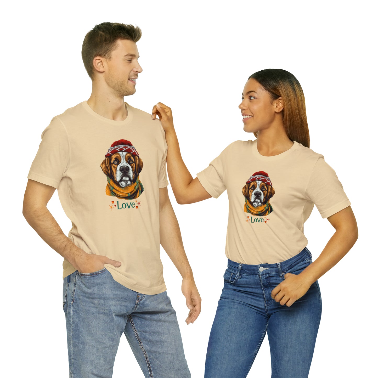 Saint Bernard in Hat & Scarf Love Unisex Jersey Short Sleeve Tee