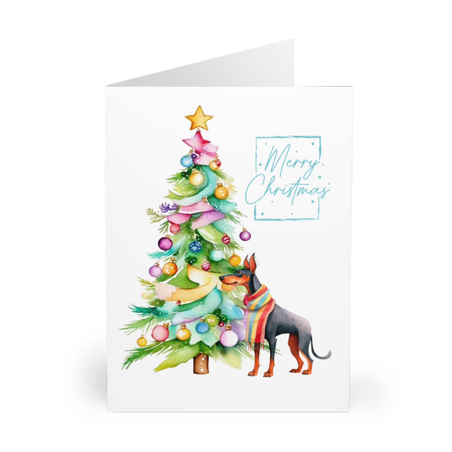 Doberman Pinscher Merry Christmas Tree Cards (5 Pack Blank Inside)