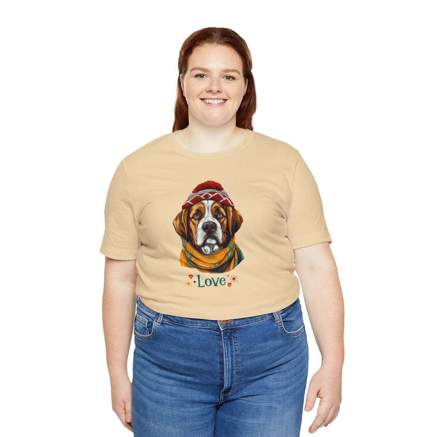 Saint Bernard in Hat & Scarf Love Unisex Jersey Short Sleeve Tee