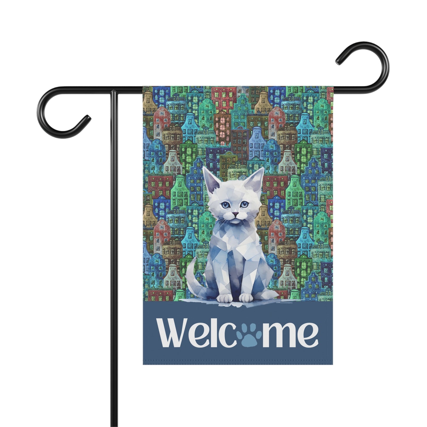 Blue City Cat Welcome 2-Sided Garden & House Flag/Banner