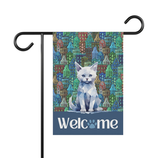 Blue City Cat Welcome 2-Sided Garden & House Flag/Banner