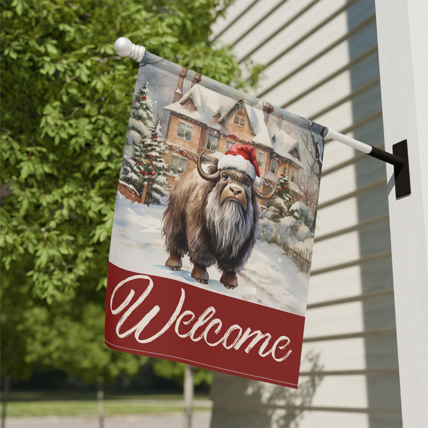 Ox in Santa Hat Welcome 2-Sided Garden & House Flag/Banner