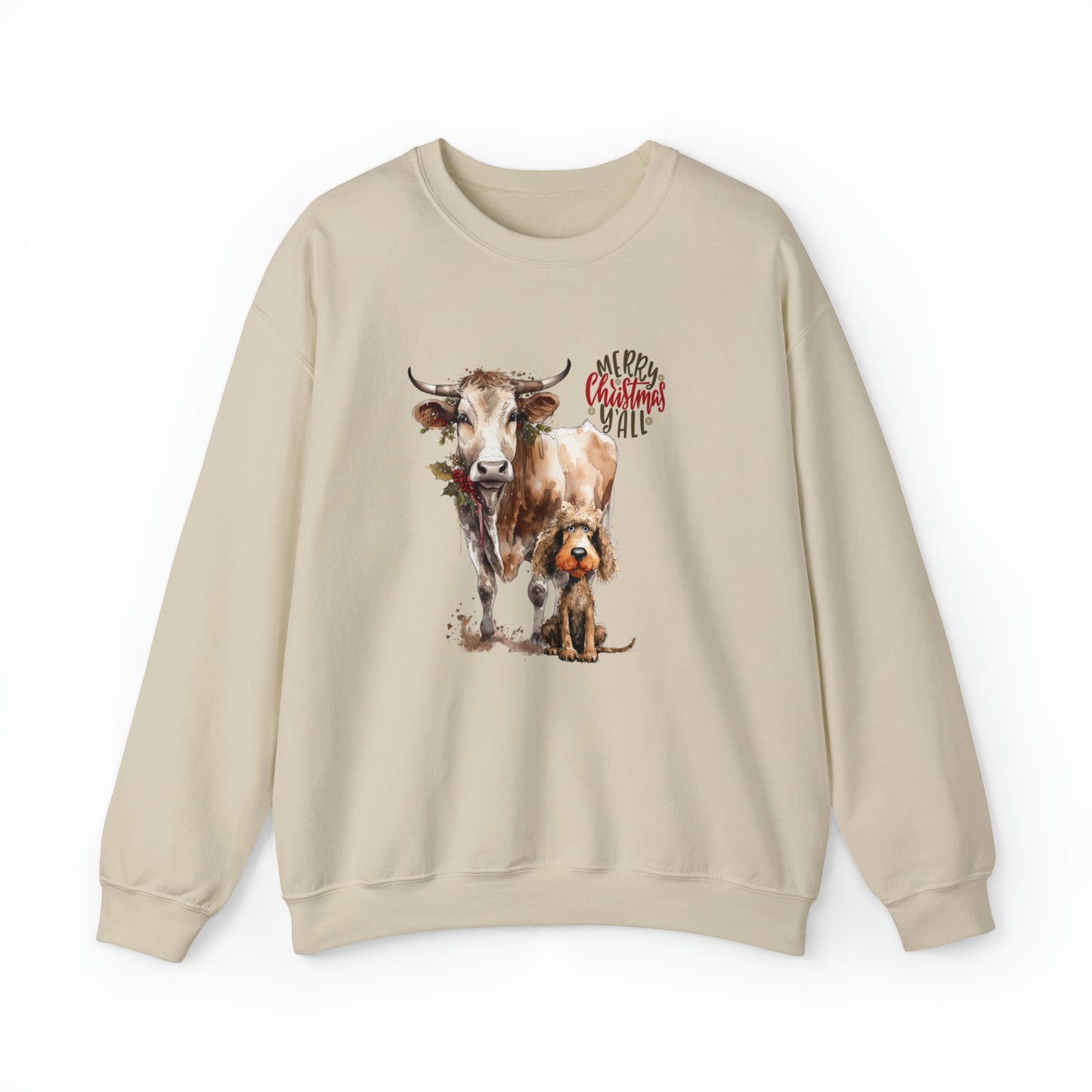 Merry Christmas Y'all Cow & Dog Unisex Heavy Blend™ Crewneck Sweatshirt