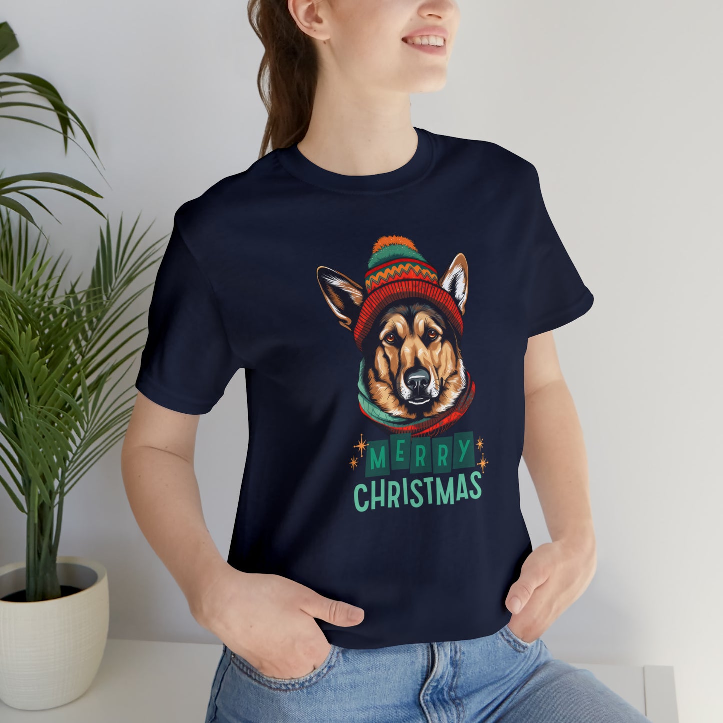 German Shepherd in Hat & Scarf Merry Christmas Unisex Jersey Short Sleeve Tee