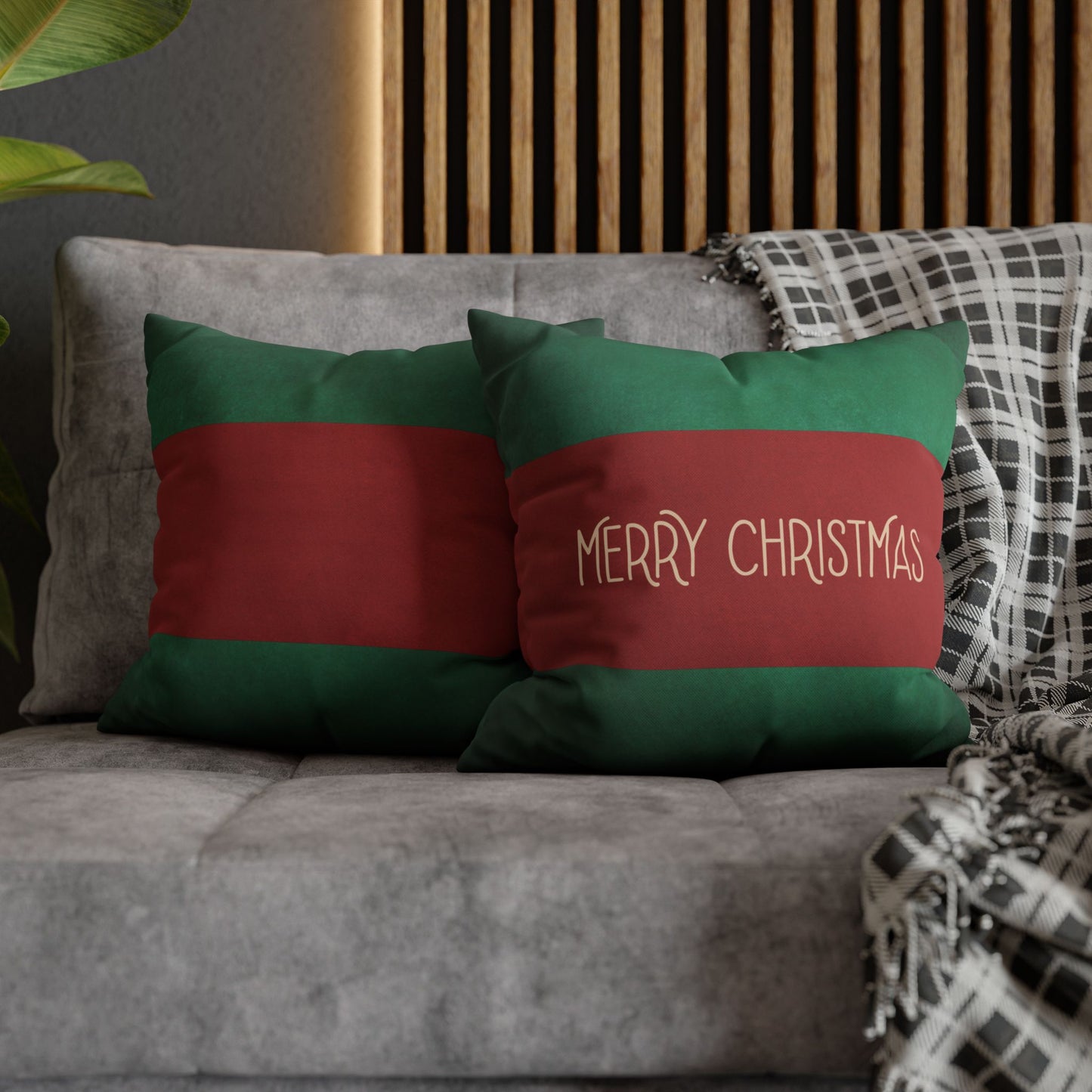 Merry Christmas Red & Green Square Poly Canvas Pillowcase