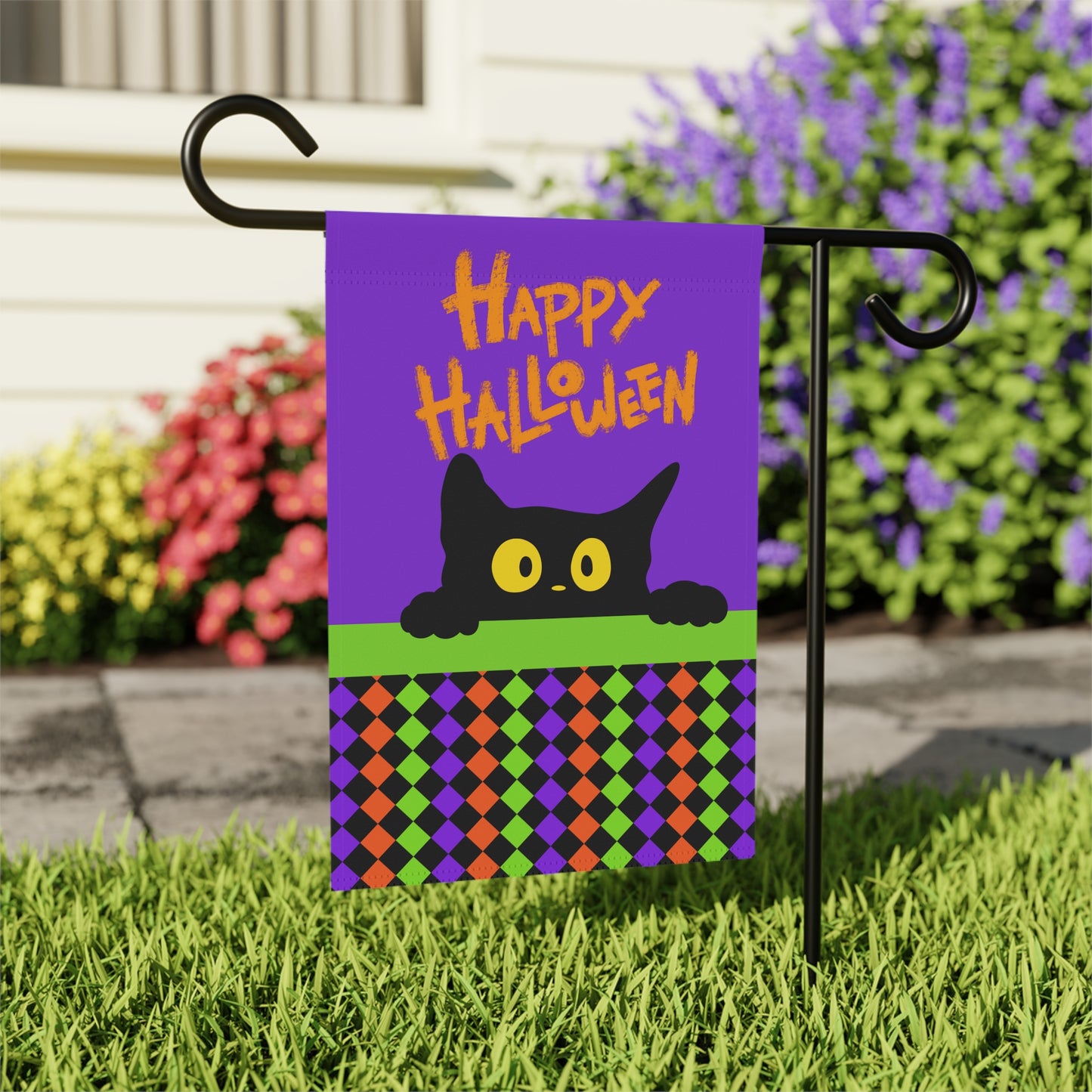 Black Cat Happy Halloween 2-Sided Garden Banner